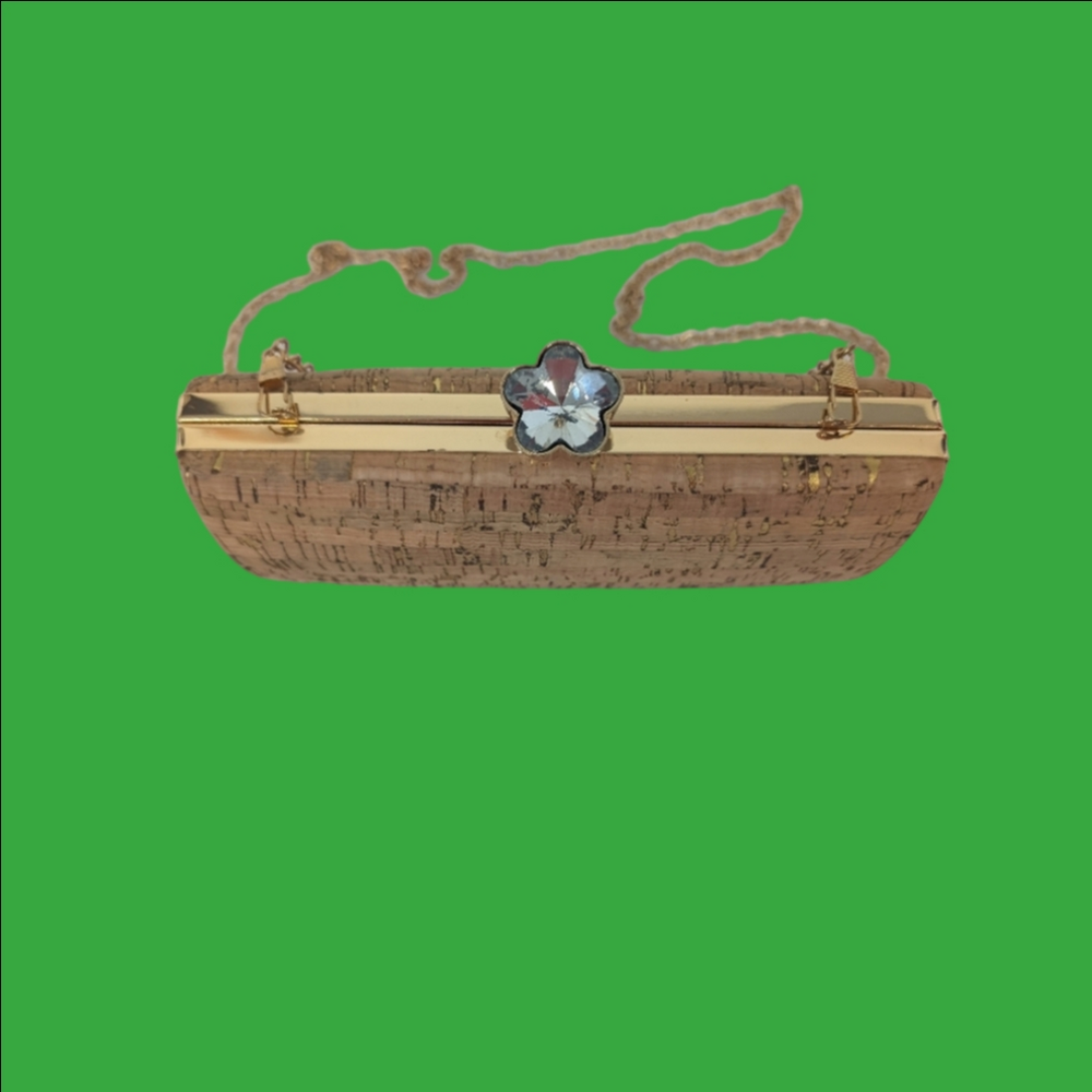 Bag  Cork with Gold Trim and Floral Crystal Clasp Crossbody Chain